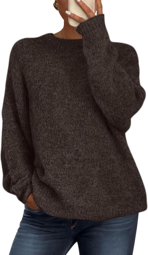 PRETTYGARDEN Womens Fall Long Sleeve Sweater Crew Neck Fuzzy Loose Fit Chunky Knit Oversized Pullover Sweaters Going Out Tops (Medium, Brown Coffee)