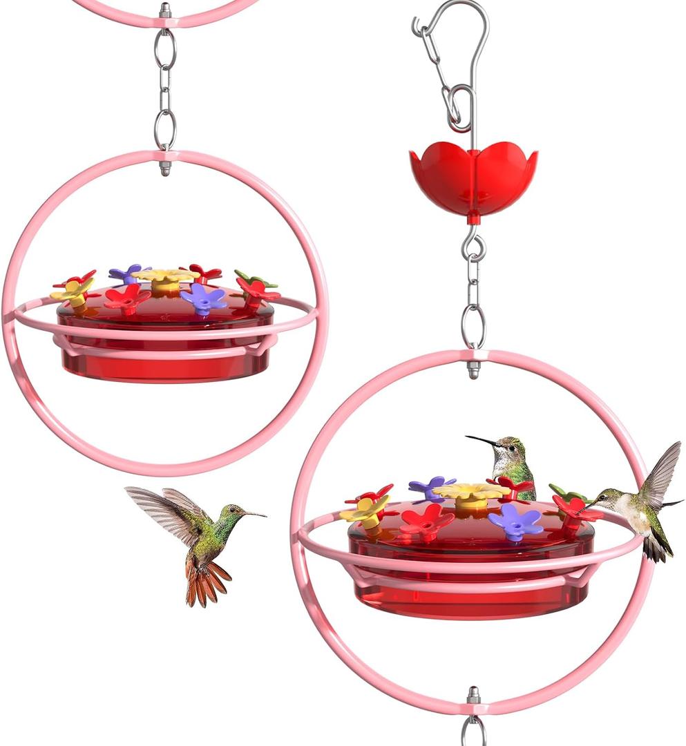 Pack of 2 Hummingbird Feeder for Outdoor Hanging - Wide Mouth Nectar Bird Feeder, Built-in Ant Moat & Easy-Refill Top, Garden Backyard Decor - Pink Metal Frame