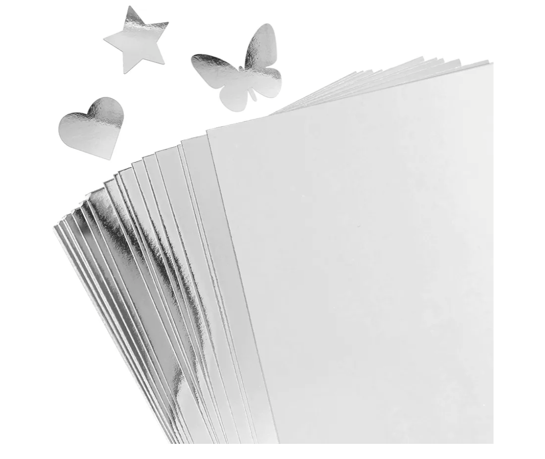 30 Sheets Metallic Silver Cardstock Paper - A4 Size (250gsm), Mirror Finish Silver Foil Board for Crafting, Invitations, and Decorations - Die Cut and Plotter Compatible