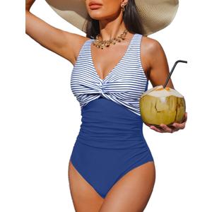 Women's Tummy Control One Piece Swimsuit Push Up Full Coverage Bathing Suit | V-Neck Twist Front, Low-Back Design, Adjustable Straps, Removable Pads, Full Coverage, Long-Torso Fit, Beach and Pool Days (Blue, L)