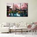 LSIUHWUWI Japanese Decor Cherry Blossom, Sakura, with Water Lake and Japonese Houses Wall art Japanese Painting Room Decor Canvas Poster Artwork Home Decor 20x40inchx3