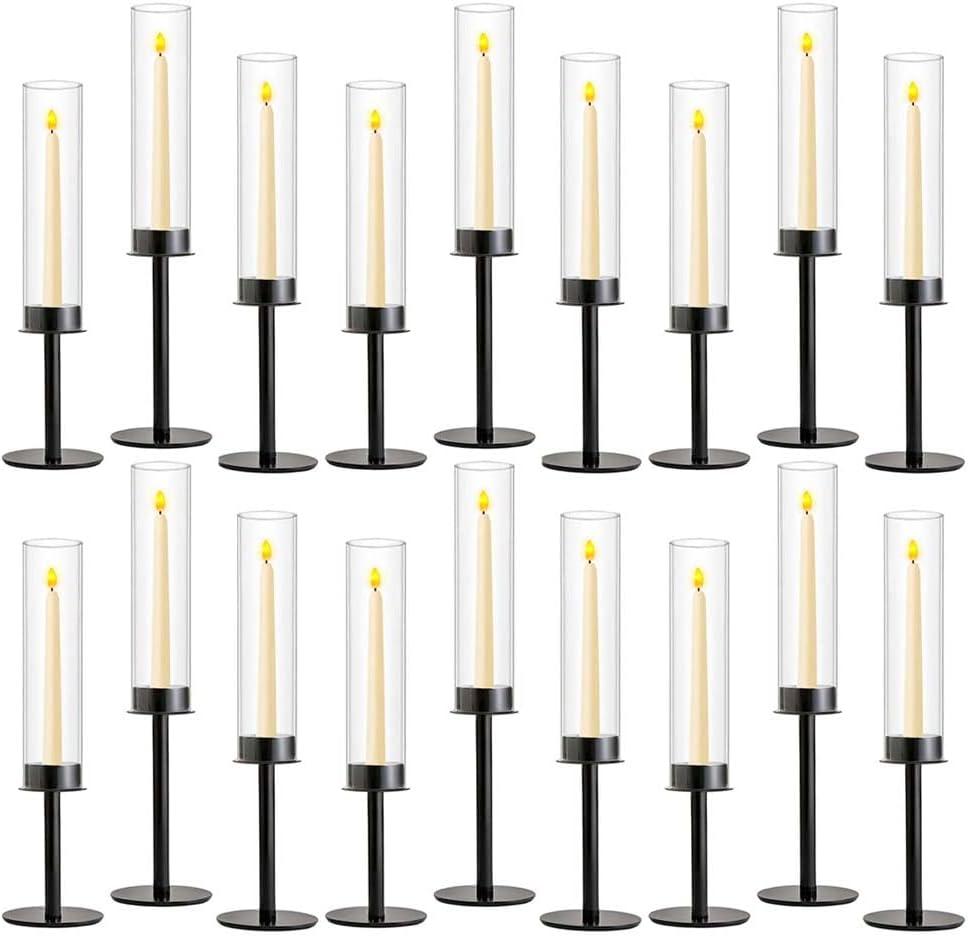Black Candle Holders 18pc Hurricane Candlestick Holders, Taper Candle Holders with Glass Candle Cover for Wedding Table Centerpiece Decoration Christmas Party (19/16.5/14.2 Inch)