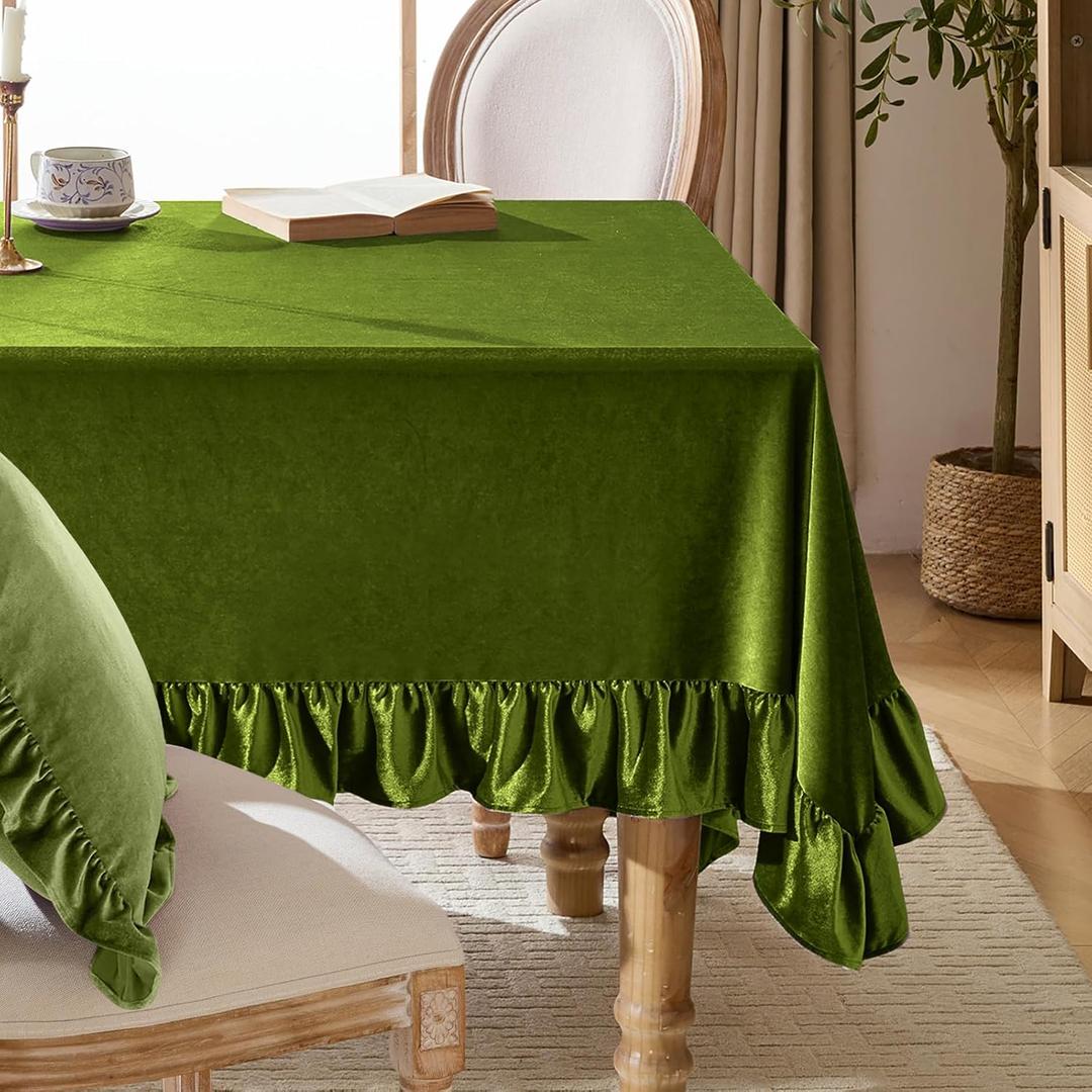 KKJIAF Olive Green Velvet Tablecloth 60 x 102 Inch, Retro Farmhouse Ruffle Oblong Tablecloth Washable Table Cover for Wedding Buffet Parties Baby Shower Kitchen Decoration