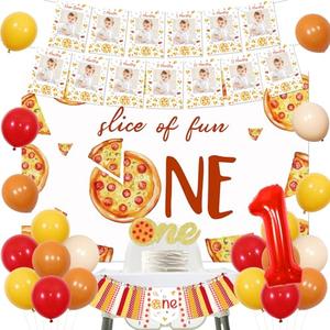 Pizza 1st Birthday Party Decorations - Pizza Theme 1st Birthday High Chair Banner and Photo Banner Slice of Fun Backdrop Fast Food Pizza Cake Topper Red Yellow Balloons for Kids First Bday Supplies