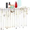 YYILIS Necklace Holder, Upgraded Extra Large Wall Necklace Organizer with 30 Hooks Wall Mounted Necklace Hanger with Jewelry Tray/Cosmetics Shelf Rustic Pine Wood Holder (White)