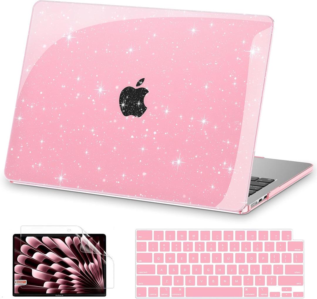 AKIT Compatible with MacBook Air 13 Inch Case Glitter 2025 2024-2022 M4 A3240 M3 A3113 M2 A2681, Shiny Hard Shell Laptop Case&Screen Protector&Keyboard Cover for MacBook Air 13.6 Inch, Sparkly Pink