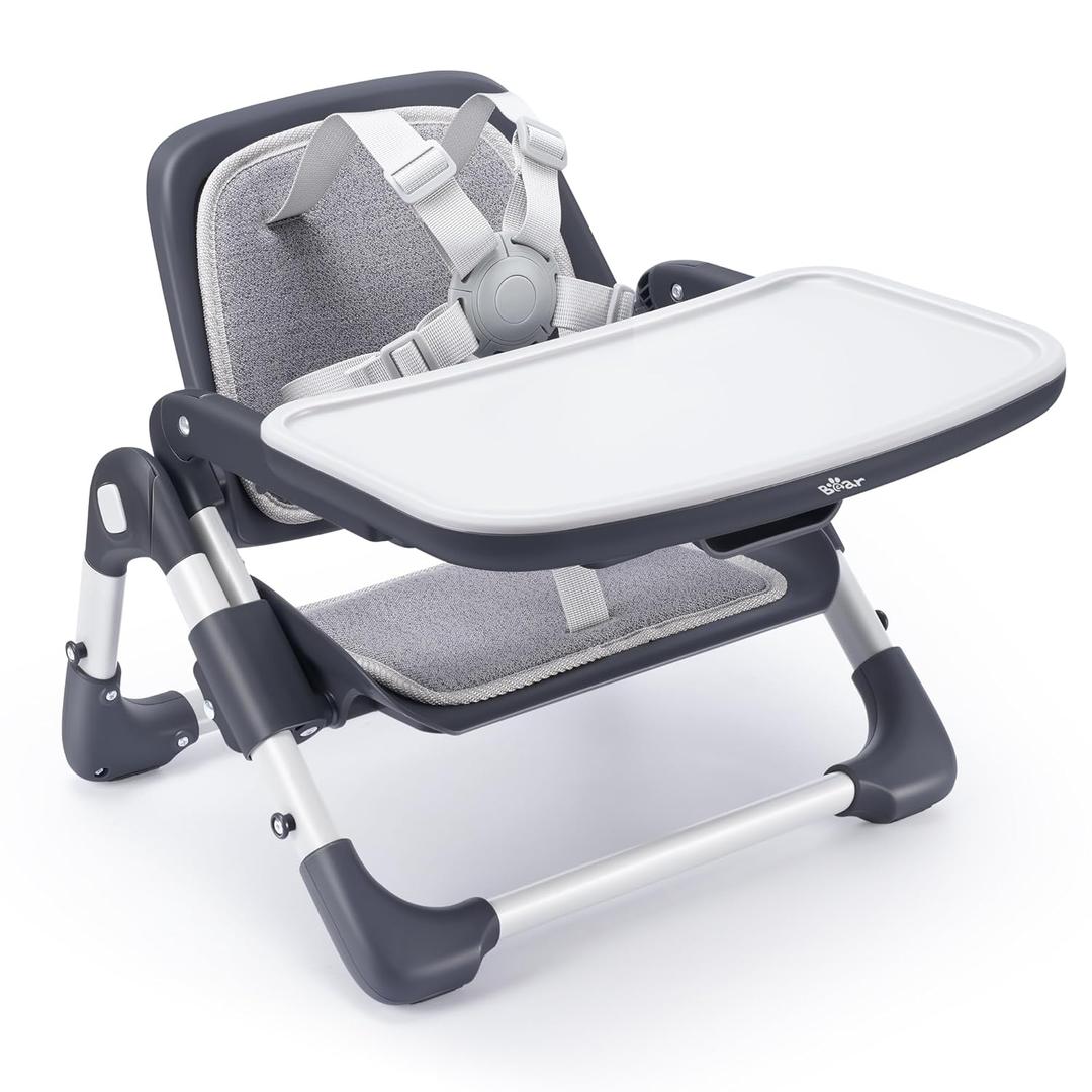 Bear Booster Seat for Kitchen Chairs, Portable High Chair for Babies 624 Months, Adjustable 3-Level Foldable Booster with Removable Tray, Ideal for Home, Outdoor, Camping and Travel