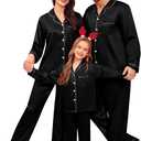 SWOMOG Family Matching Pajamas Set Satin Long Sleeve Button Down 2 PCS Pjs Pajama Top & Pants Holiday Sleepwear Set (Men Black XX-Large)