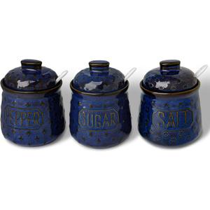GDCZ 10 Oz Sugar Pepper and Salt Bowls with Lid and Spoon, Ceramics Seasoning Container, Seasoning Jar Spice Container for Kitchen,Dishwasher Safe, Set of 3 (Blue)