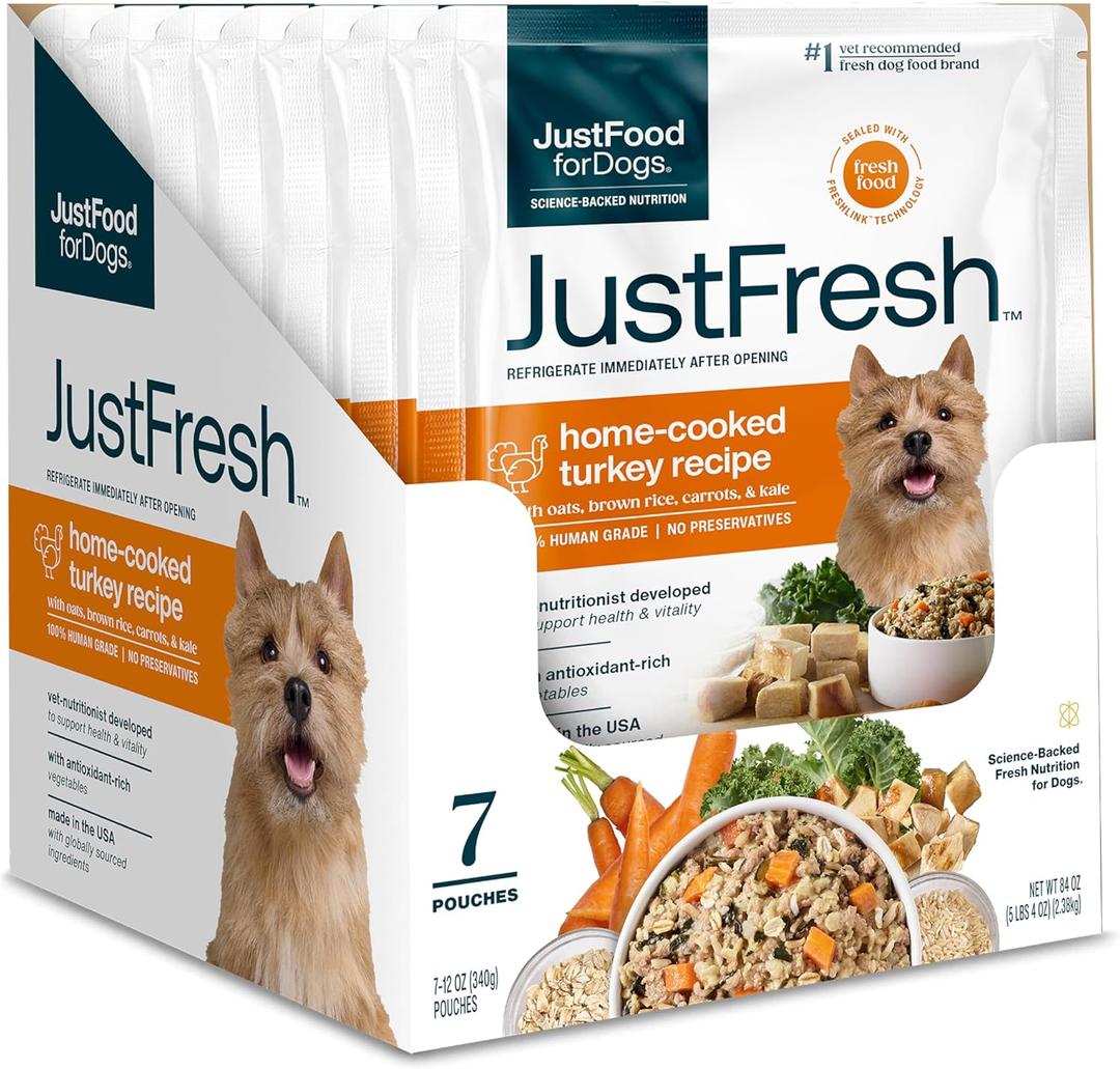 JustFoodForDogs JustFresh Fresh Wet Dog Food or Topper - Turkey, 7 Pack Fresh Pet Meals and Dog Toppers with No Preservatives, Resealable Package, Human Grade, Home-Cooked Turkey, 12 Oz Pouches, BBD 02/17/2028