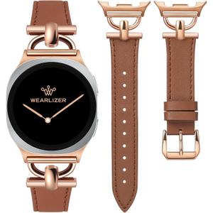 Wearlizer Leather Bands Compatible with Samsung Galaxy Watch 8 Band 40mm 44mm/Watch 8 Classic 46mm, Dressy Designer Slim Leather Strap Wristband Accessories with D-Shape Metal Buckle for Women (Brown/Rose Gold)