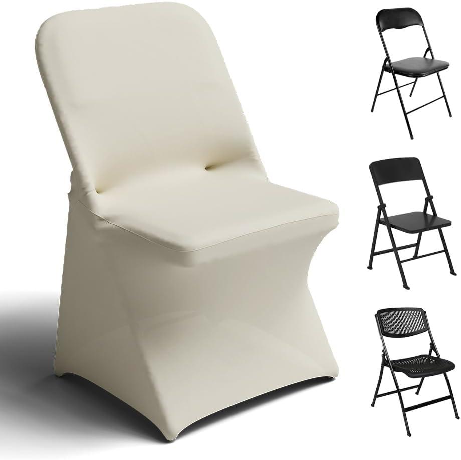 Trlyc Spandex Folding Chair Covers 100 Pcs Universal Fitted Stretchy Dining Chair Slipcovers for Wedding Party Banquet Flat-Front Chairs Cover (Ivory)