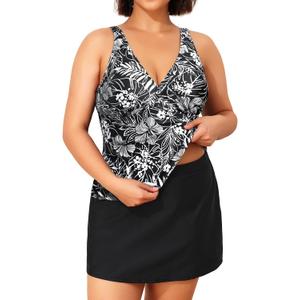 Daci Women Plus Size Tummy Control Tankini with Skirt Two Piece Bathing Suits V Neck Swimsuits Black with White Flower 20 Plus