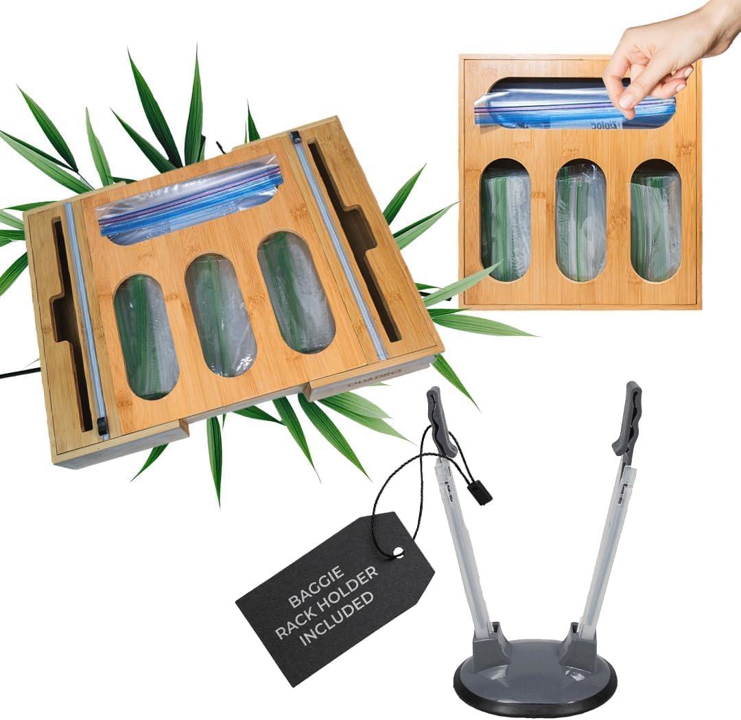 Bamboo Sandwich Bag Holder & Bag Organizer w/ Cutter for Foil and Plastic Wrap Bamboo Sandwich Bag Holder & Bag Organizer w/ Cutter for Foil and Plastic Wrap