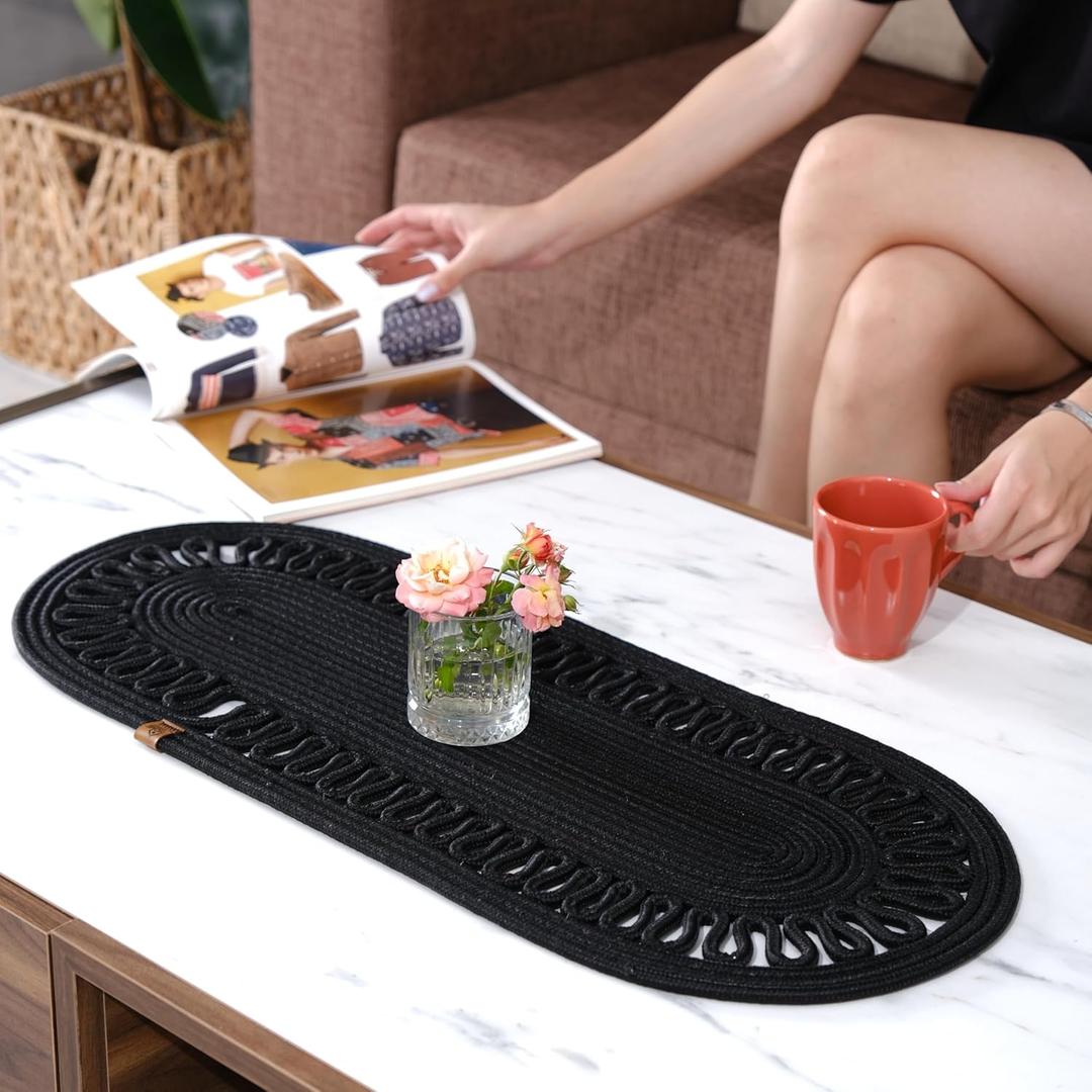 Oval Jute Table Runner | Woven Braided Dining Runner | Natural Textured Rattan Table Runner for Dining Table Coffee Table or Patio 11.8 x 27.5 (Black)