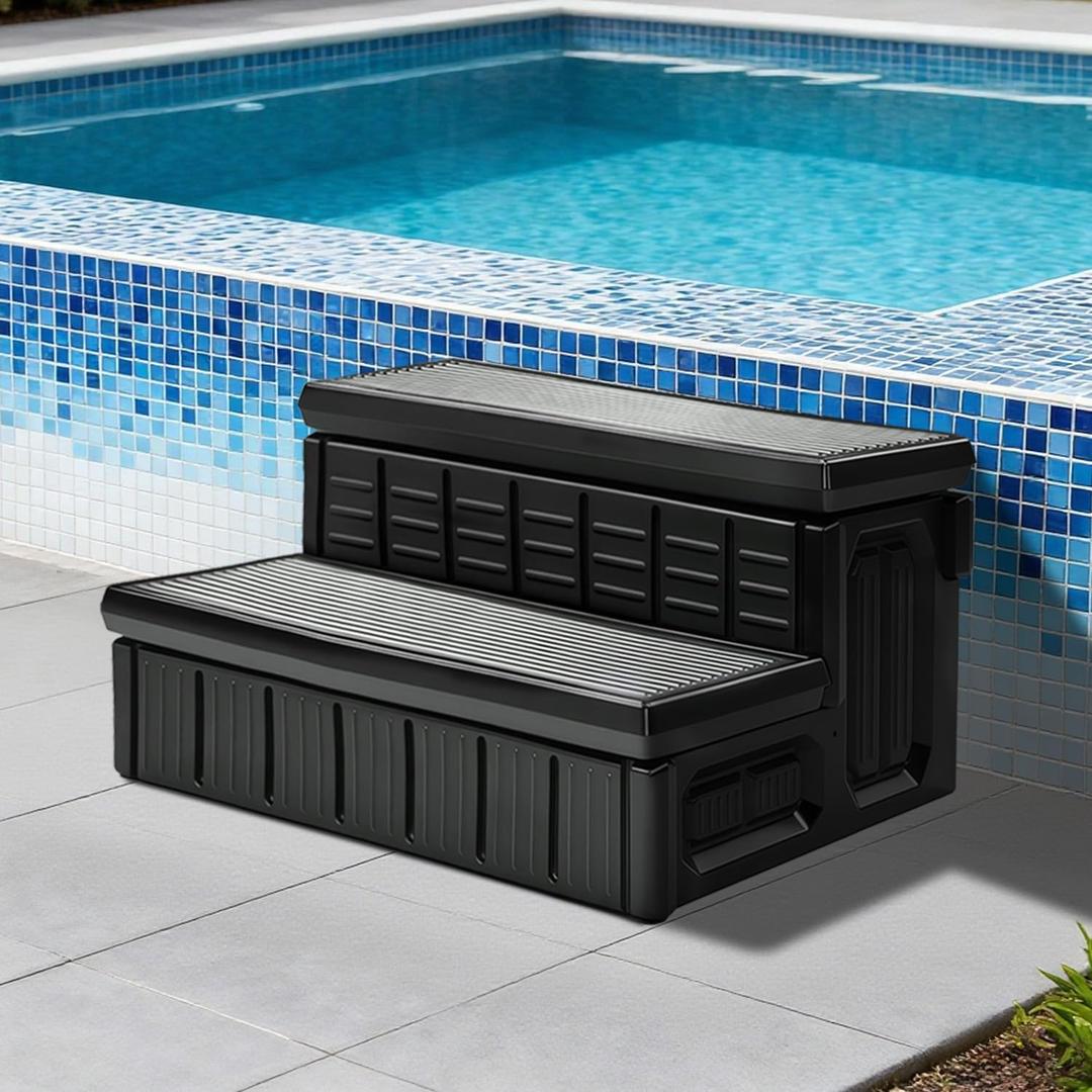 2025 Upgraded Hot Tub Steps, Outdoor Spa Steps with Storage, Anti-Slip & Robust Hot Tub Stairs, Multi-Use for Spa, RV, Pool or Porch, Black