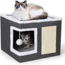 petizer Cat Bed for Indoor Cats, Large Covered Cat House with Scratch Pad, Foldable Cat Cave Bed & Hideaway Cube with Reversible Cushions, Cute Cat Condo for Multi Small Pet Kitten (Dark Grey)