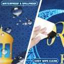 Ramadan Round Fitted Tablecloth with Elastic Edge Waterproof Washable Gold Moon Star Table Cloth Fit 44"-48" Round Table Cover Eid Mubarak Decor for Kitchen Dining Picnic Outdoor Party (Blue)