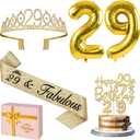 29th Birthday Decorations for Women Gold with 29th Birthday Tiara and Sash, Cake Topper and Candles, Number Balloons, 29 Year Old Gifts for Women