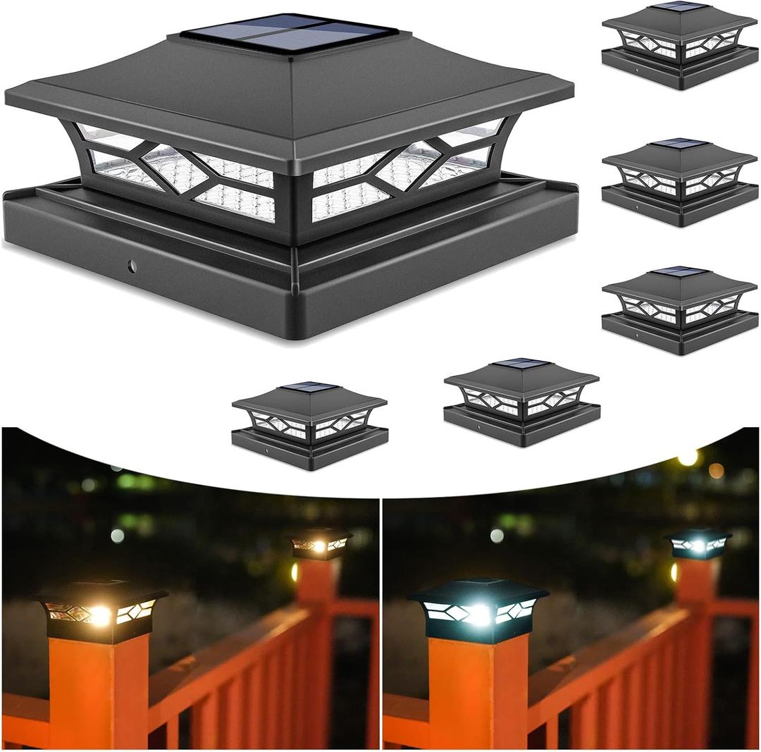 VOLISUN Solar Post Cap Lights: 6 - Pack Outdoor Deck Post Cap Lights Black for Dock Fence Waterproof 2 Color Modes,4x4/6x6 Wooden/Vinyl Posts