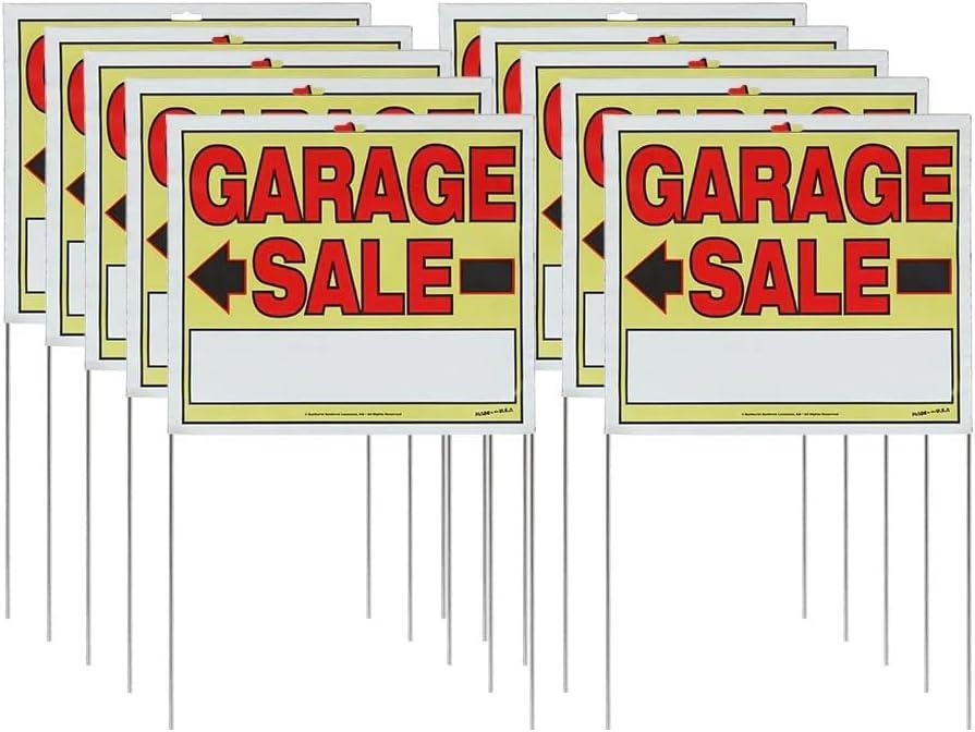 Sunburst Systems 3905 Garage Sale Sign, Assembled with metal U-Stake, Double Sided, 14" x 22" (Including Stakes), 10 Pack
