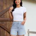 luvamia Jean Shorts for Women Trendy Wide Leg Mid Thigh Casual Summer Stretchy Denim Shorts Jorts with Braided Pockets (Blue, M)