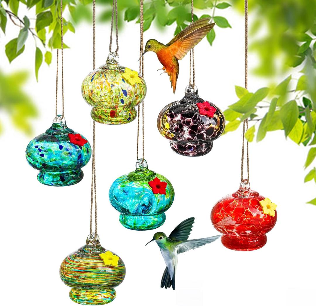 H&D Hyaline & Dora 6pcs Glass Hummingbird Feeders, Outdoors Hanging, Hand Blown Glass, Garden & Window Decor