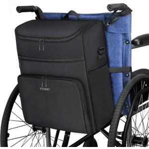 Ytonet Wheelchair Bag, Wheelchair Storage Bag to Hang on Back Walker Accessories Insulated Pockets Removable Shoulder Strap 3 Ways Carry Easy Install, 16" L x8.5 W x 17" H Black