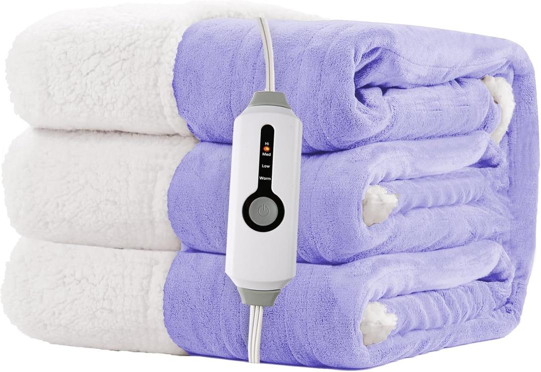 Electric Heated Blanket 72"x84" Full Size for Safe All Night Rest, Dual-Sided Microplush Sherpa for Bedroom Couch Use, 4 Heat Settings & 10 Hours Auto Off Energy Saving, Machine Washable-Pale Purple