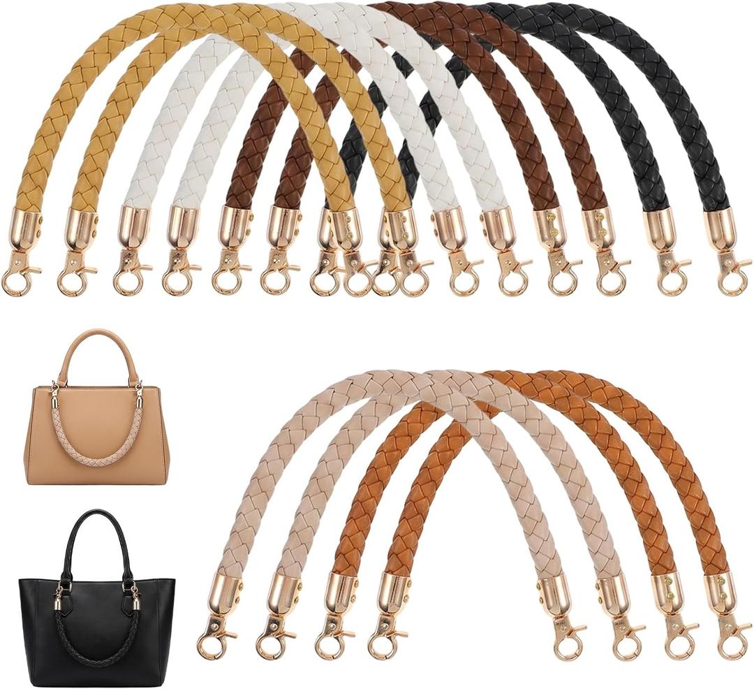 Afcabakila 12 Pack 6 Colors 11.8 Inch Shoulder Bag Purse Handles Short PU Leather Braided Purse Straps for Handbags DIY Replacement with Gold Lobster Clasps