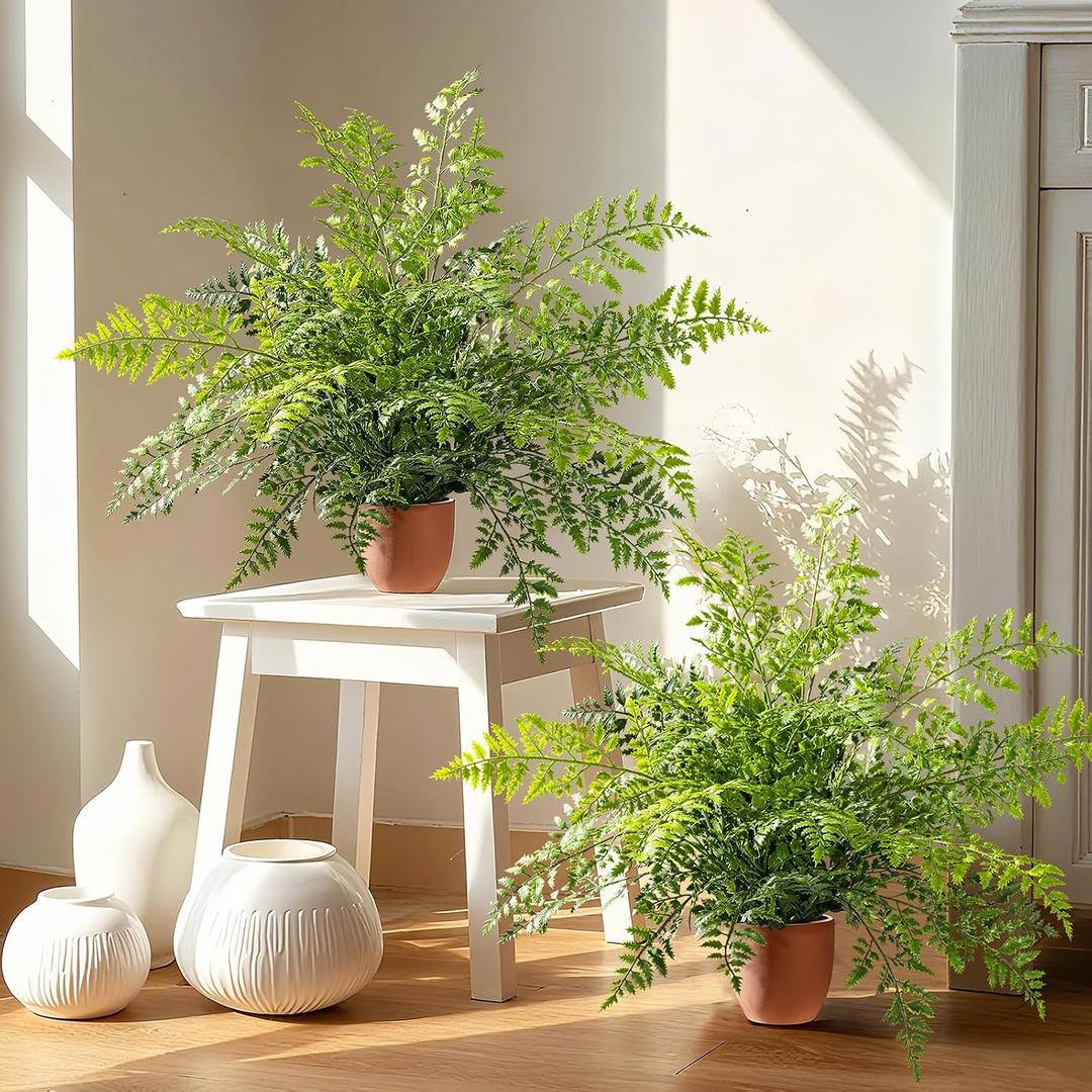 2 Pack Artificial Fern Plants in Pots Artificial Boston Ferns Potted Plants Faux Fern Bush Plant Shrubs Greenery for Outdoor Indoor Porch Patio Farmhouse Garden Living Room Office Table Decor (Type 3)