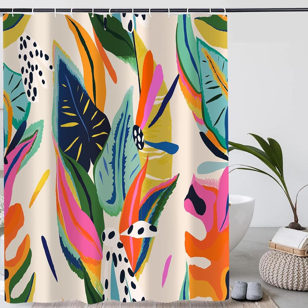 Colorful Abstract Shower Curtain, Floral Boho Modern Asthetic Plant Bathroom Curtain, Waterproof Polyester Fabric Shower Curtain Set with Hooks 72x78 Inch