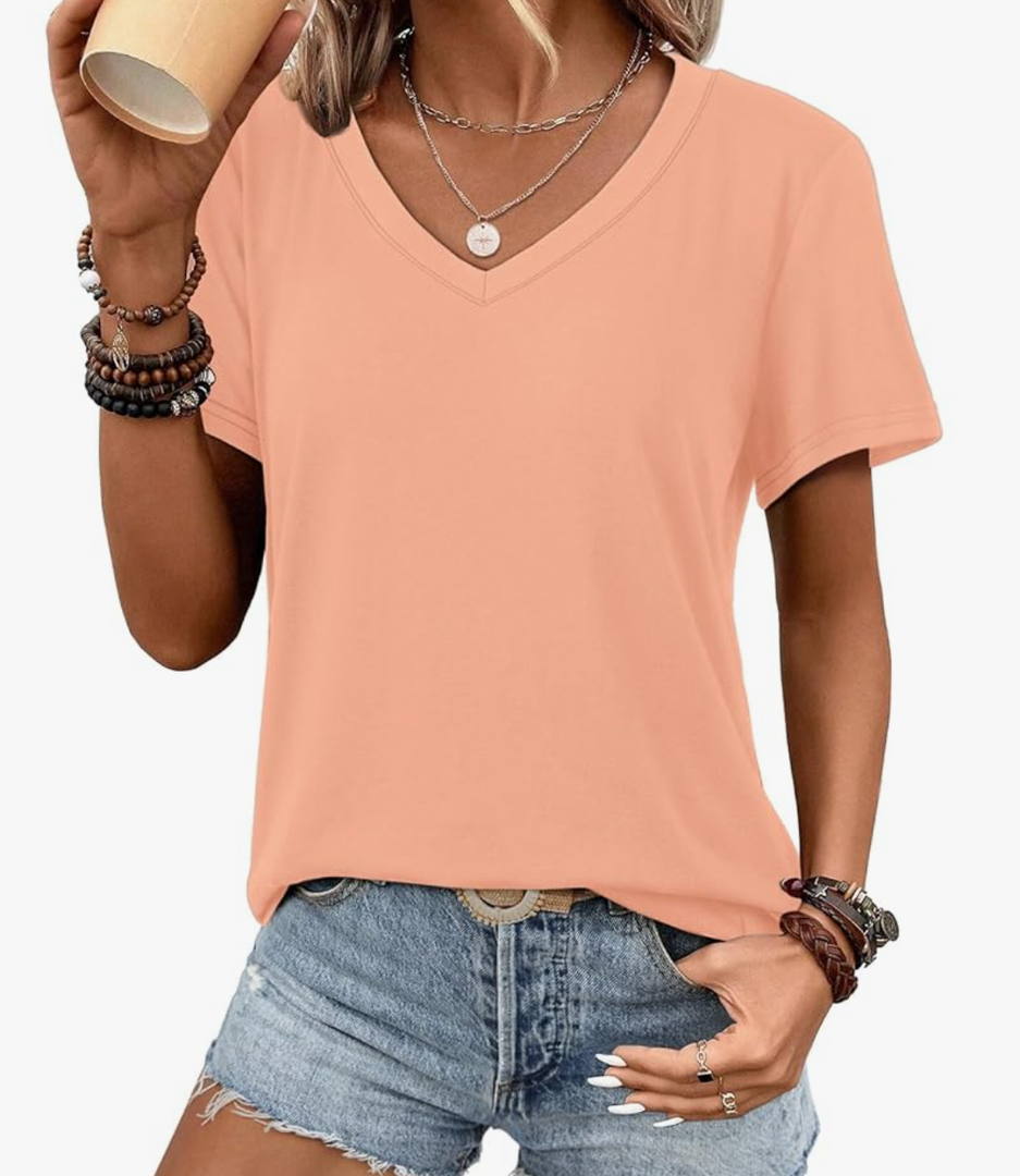 ATHMILE Womens V Neck Short Sleeve Summer T Shirts Curved Hem Plain Top Beach, XS