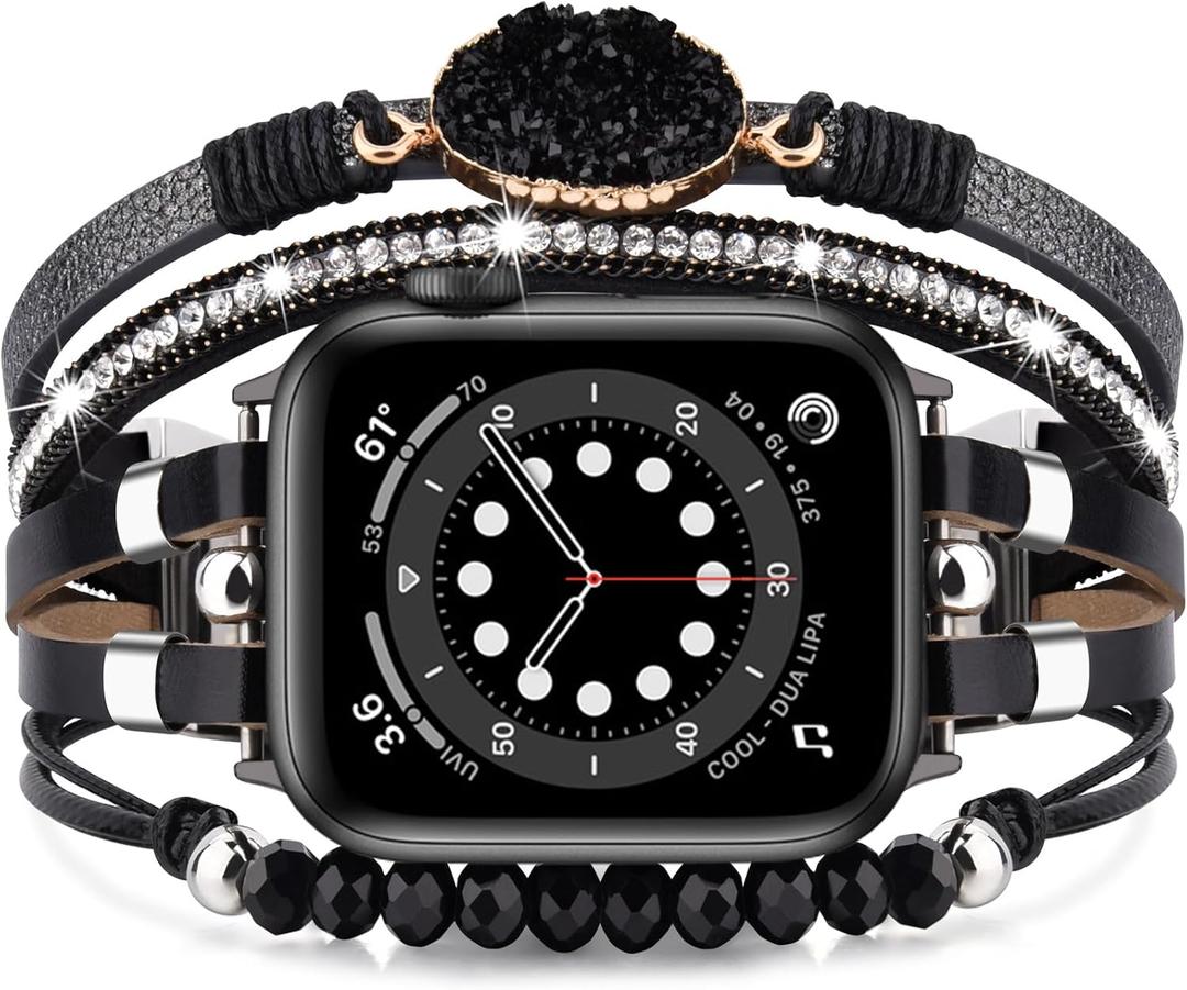 VISOOM Beaded Boho Bracelet Compatible for Apple Watch Band 40mm/ 38mm/ 41mm Series 9 8 7 SE 6/ 5/ 4 Women Leather Fashion Cute Handmade Multilayer Wrap Watch Strap for iWatch Bands 3/ 2/ 1