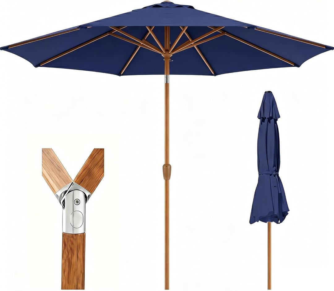 9ft Outdoor Patio Umbrella, Market Table Umbrella with Crank and Easy Push Button Tilt, Wood Grain Frame, UPF 50+ for Pool, Garden, Deck, Backyard