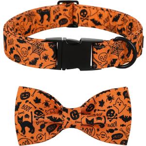Lionet Paws Halloween Dog Collar with Bowtie - Cute Cotton Adjustable Fall Bowtie Dog Collar with Metal Buckle for Small Medium Large Dog Girl Boy Gift, L, Neck 16-24in