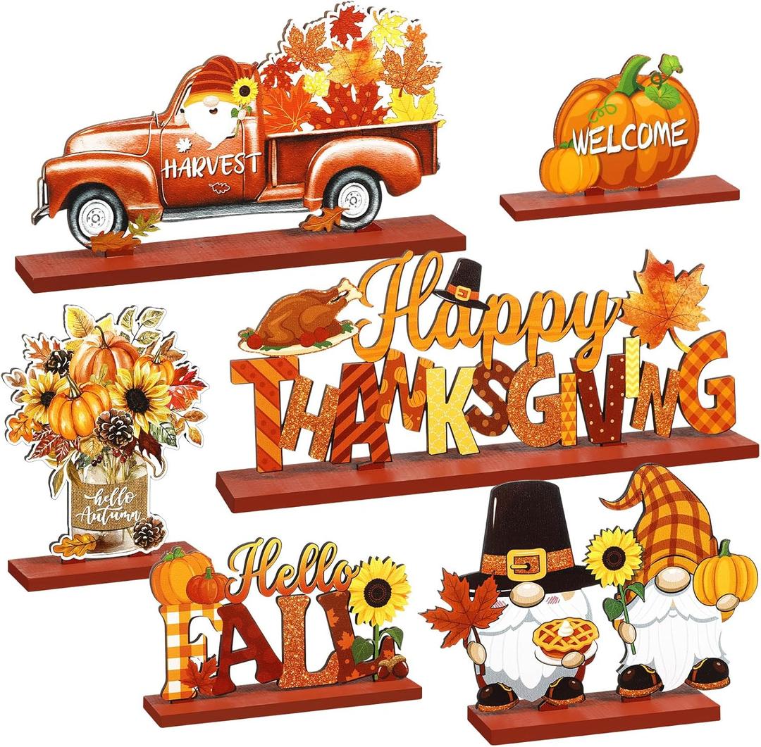 Blosssound 6 Pcs Fall Table Decorations Wooden Thanksgiving Table Signs Hello Fall Truck Gnomes Pumpkin Sunflower Centerpieces for Autumn Harvest Happy Thanksgiving Party Decor Supplies Gifts
