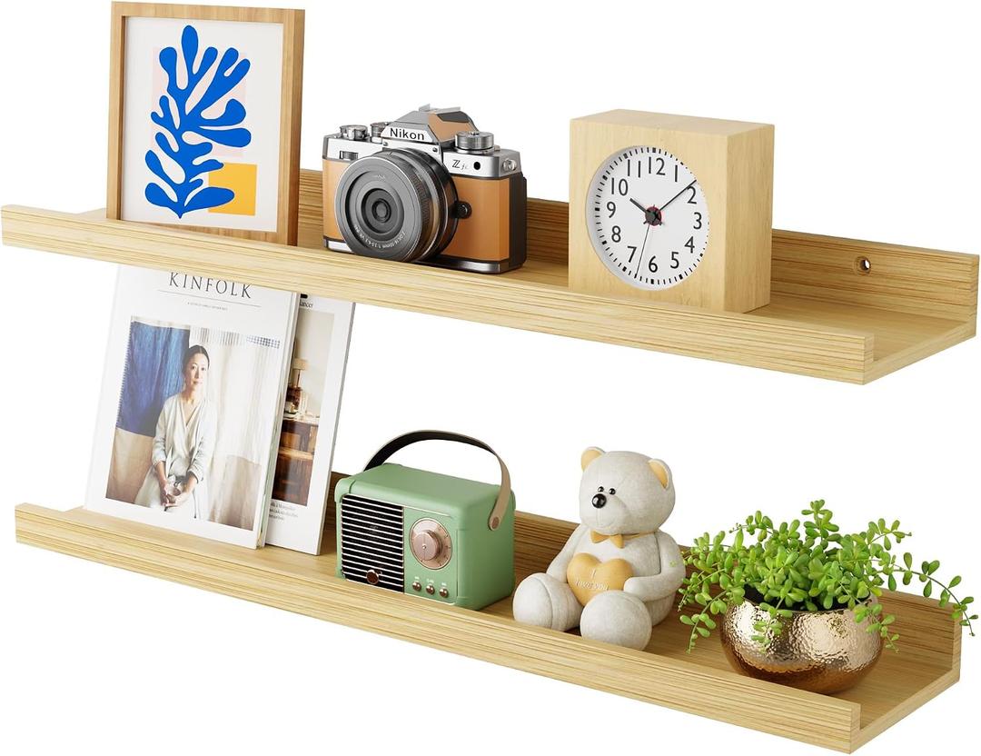 24 Inch Bamboo Floating Shelves - Picture Ledge Shelf with Lip Set of 2, Hanging Bamboo Wall Shelf for Storage, Natural Wood Floating Shelves for Living Room, Bedroom, Kitchen