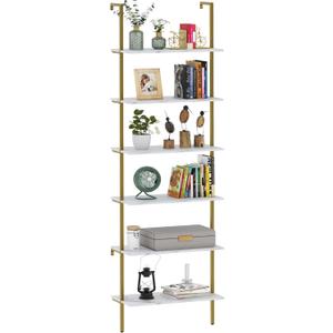 Wolawu Ladder Shelf 6 Tiers Marble White Modern Bookshelf Open Tall Wall Mount Bookcase Standing Leaning Wall Shelves Industrial Decorative Living Room Bed Room