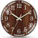 QINFIEY 12 Inch Day of Week Wall Clock, Non Ticking Modern Clocks Battery Operated，Analog Day Clock for Seniors Eldly，Classic for Office Home Classroom School Living Room,Unique Gift Clock(Brown)