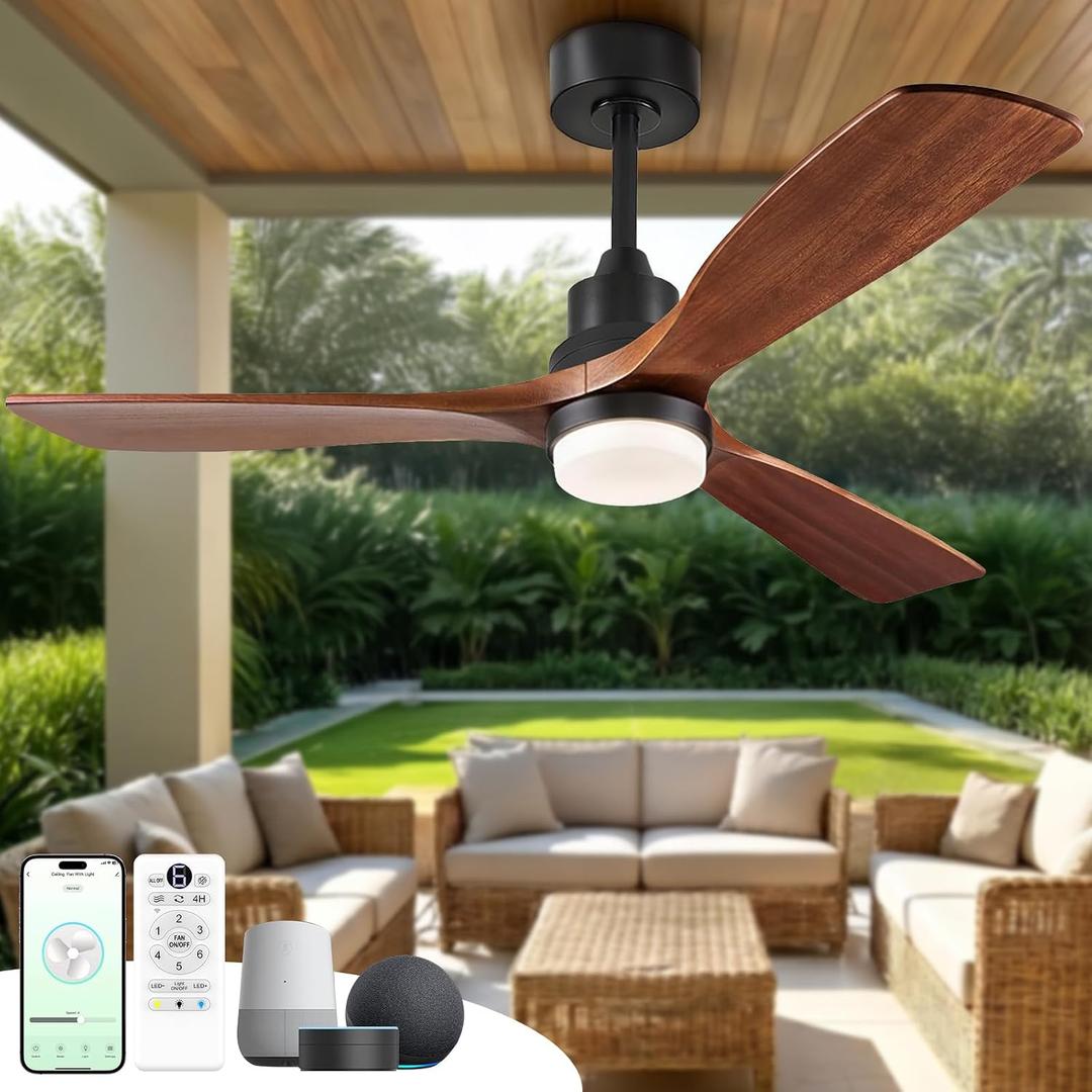 60 inch Smart Ceiling Fan with Lights,Outdoor Ceiling Fan 3 Wood Blades Compatible with Alexa/Gg Voice Control&App&Remote,Quiet DC Motor for Covered Patio Porch Bedroom,Dark Walnut