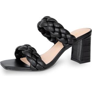 Athlefit Women's Braided Heeled Sandals Summer Square Open Toe Chunky Block Heels (7.5, Black)