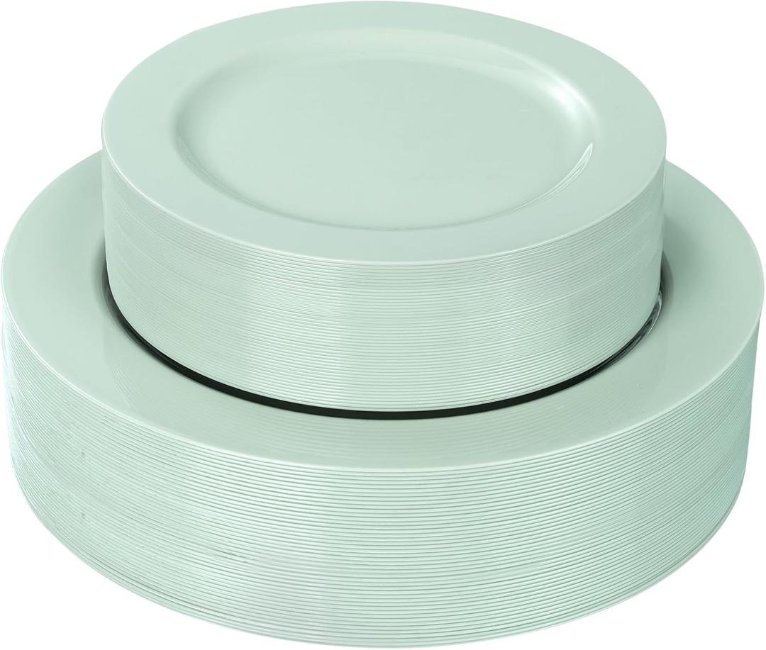 FLOWERCAT 60PCS Sage Green Plates - Heavy Duty Plastic Plates Disposable for Spring Party - Includes 30PCS 10.25inch Sage Green Dinner Plates and 30PCS 7.5inch Dessert Plates