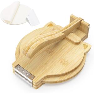 Tortilla Press 10 Inch - Bamboo Quesadilla & Roti Maker with Parchment Paper Sheets & Dough Cutter for Homemade Flour Corn Tortilla, Wood Tortillera Pataconera Tortilla Maker for Home Baking (CAT, Natural)