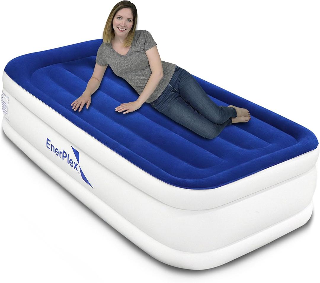 EnerPlex Twin Air Mattress with Built in Pump - 13" Luxury Size Self-Inflating Blow Up Mattress with Neck Support - Inflatable Air Bed for Portable Travel & Home Use (Blue/White)