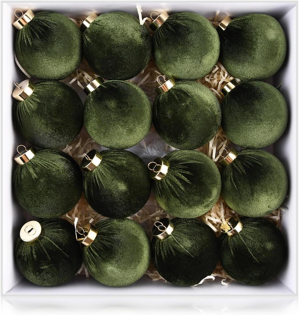 Velvet Ornaments for Christmas Tree Decorations - Moss Green Christmas Ball Ornament for Indoor Holiday Decor - Shatterproof Xmas Bulbs Ornaments 80mm 3.15inch - Pack of 16