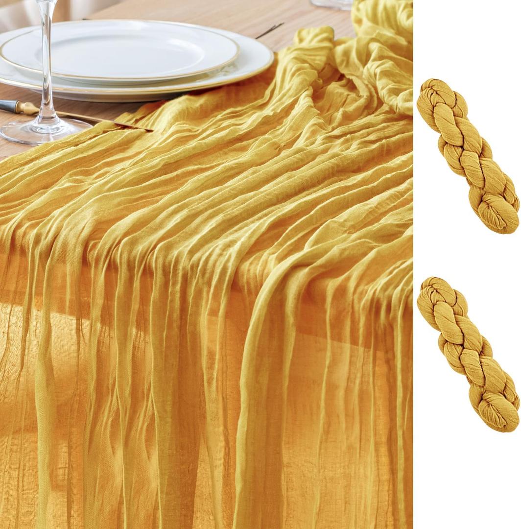 Asee'm 2pcs Cheesecloth Table Runner 120 Inches Long Gold Boho Gauze Cheese Cloth Runner 10FT Rustic Sheer Table Runners for Christmas Wedding Party Baby Shower Spring Easter Decoration, 2 PACK