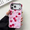 QLTYPRI Case for iPhone 17 Pro Max, Aesthetic Cute Pink Cherry Bow Phone Case for Girls Women, Protective Hybrid 2-Layer Hard Shell Silicone Cover Durable Shockproof Phone Cover - Pink