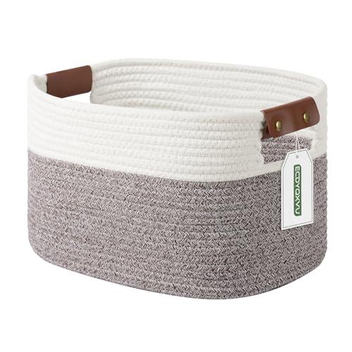 ECDYQXVU Cotton Rope Basket, Storage Baskets with Handle, 15x10x9 Inch Woven Basket for Shelves, Laundry, Towels, Clothes, Books (White Brown 1 Pack)