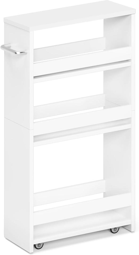 MARTY White Slim Storage Cart with Wheels, 4 Tier Rolling Utility Cart with Handle Slide Out Shelving Unit Organizer Trolley for Laundry Kitchen Bathroom Narrow Places Small Corner (5.51"D x 15.75"W x 31.5"H)